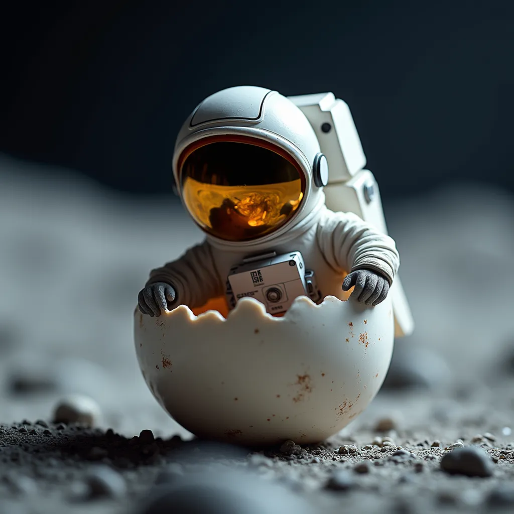 Astronaut hatching from an egg on the moon
